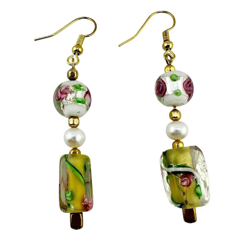 Vintage Upcycled Handmade Art Glass Roses Beaded Gold Tone Dangle 2.25" Earrings